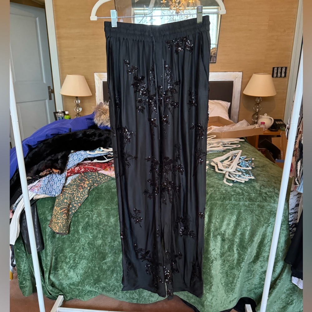 Zara Beaded Black Silk Pants Small
